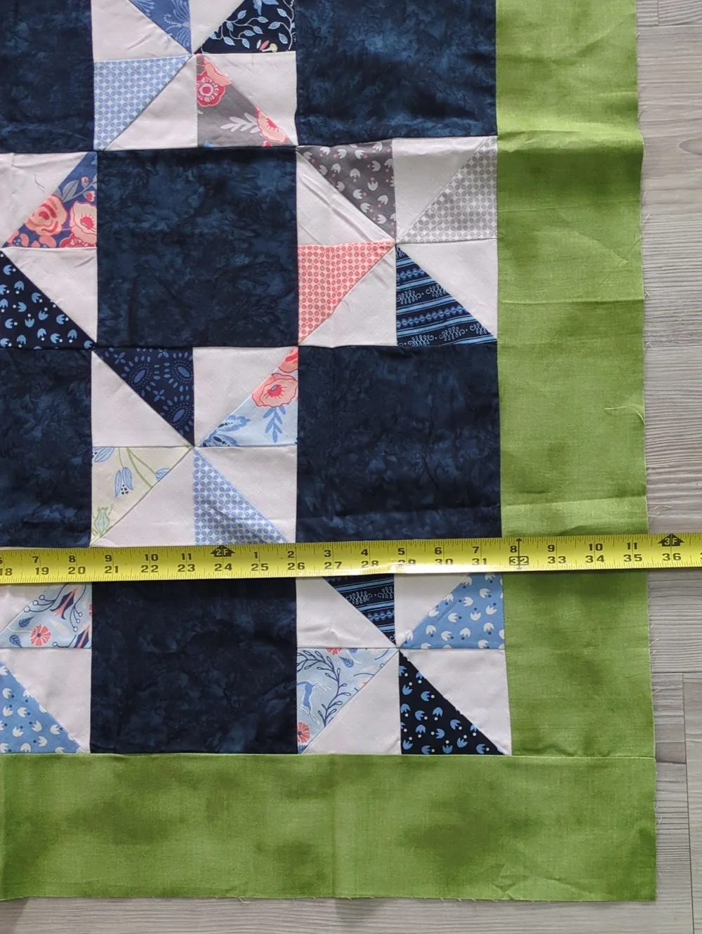 Handmade Unfinished Quilt Top UFO Blue Green Pinwheel Patchwork 41 x 35.5